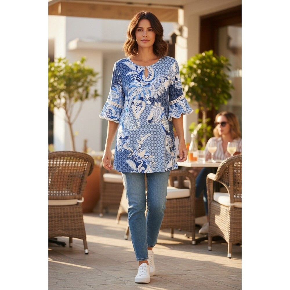 Stem & Vine Y2K Paisley Patchwork  Blue & White Top Women’s Size  Med